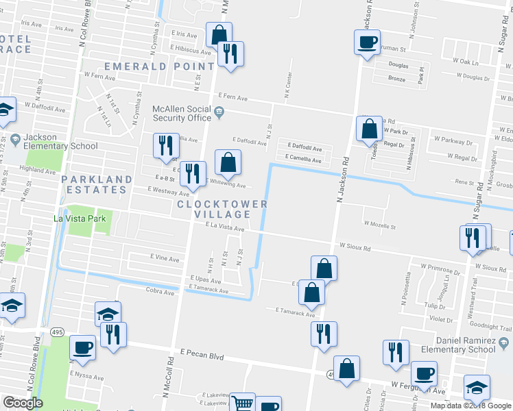 map of restaurants, bars, coffee shops, grocery stores, and more near 2500 North J Street in McAllen