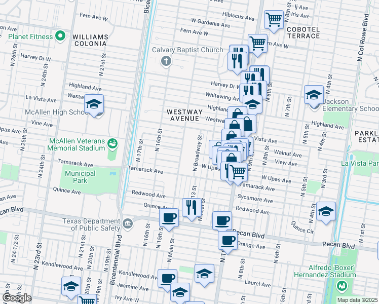 map of restaurants, bars, coffee shops, grocery stores, and more near 2112 North Main Street in McAllen