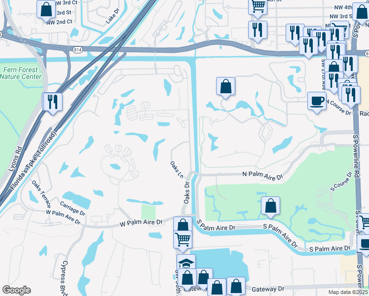 map of restaurants, bars, coffee shops, grocery stores, and more near 545 Oaks Lane in Pompano Beach