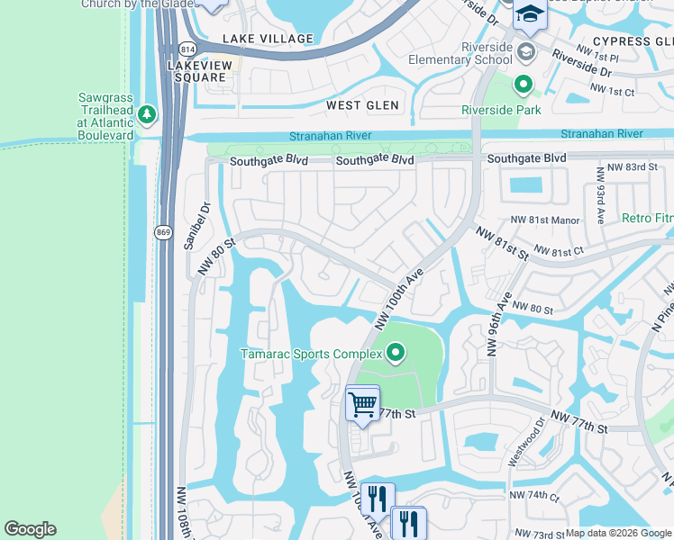 map of restaurants, bars, coffee shops, grocery stores, and more near 7958 Exeter Boulevard East in Tamarac