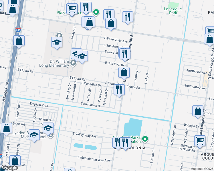 map of restaurants, bars, coffee shops, grocery stores, and more near 717 East Eldora Road in Pharr