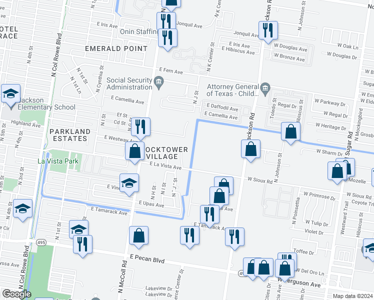 map of restaurants, bars, coffee shops, grocery stores, and more near 1100 East Whitewing Avenue in McAllen
