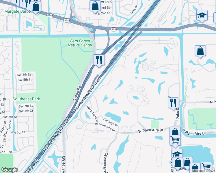 map of restaurants, bars, coffee shops, grocery stores, and more near 616 West Palm Aire Drive in Pompano Beach
