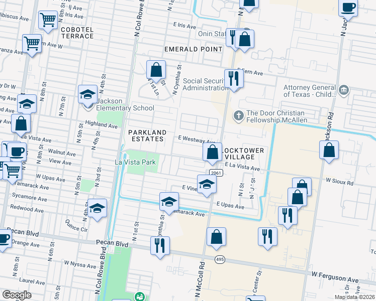 map of restaurants, bars, coffee shops, grocery stores, and more near 301 East La Vista Avenue in McAllen