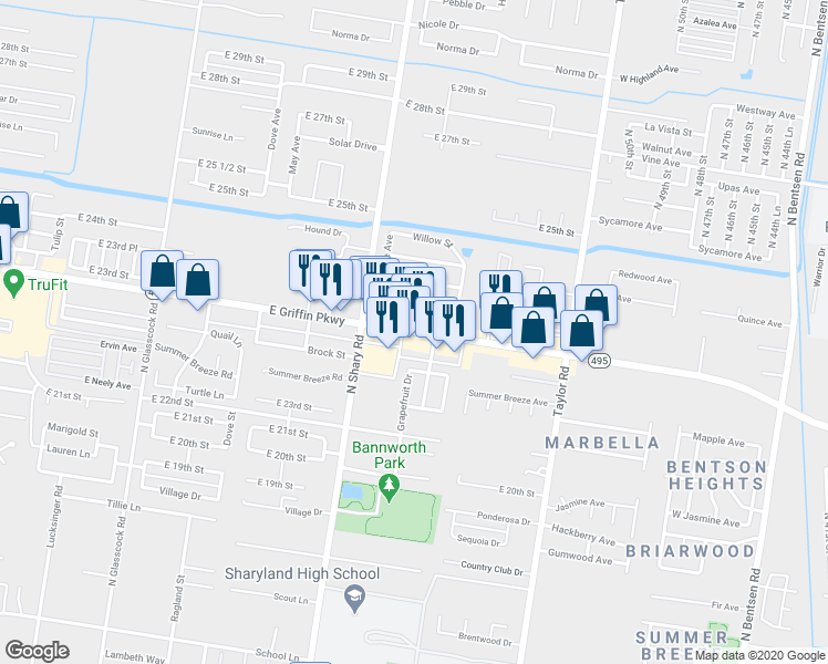 map of restaurants, bars, coffee shops, grocery stores, and more near 2500 East Griffin Parkway in Mission