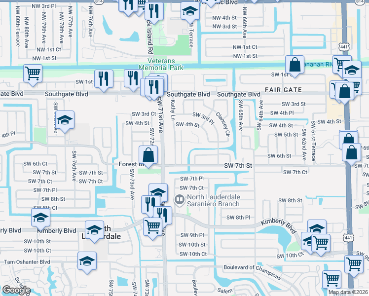 map of restaurants, bars, coffee shops, grocery stores, and more near 6891 Southwest 5th Street in Margate