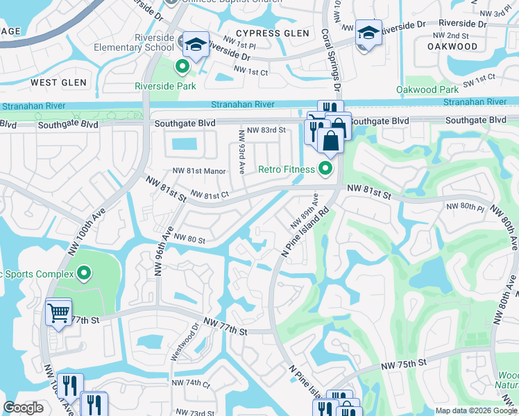 map of restaurants, bars, coffee shops, grocery stores, and more near 9208 Northwest 80th Street in Tamarac