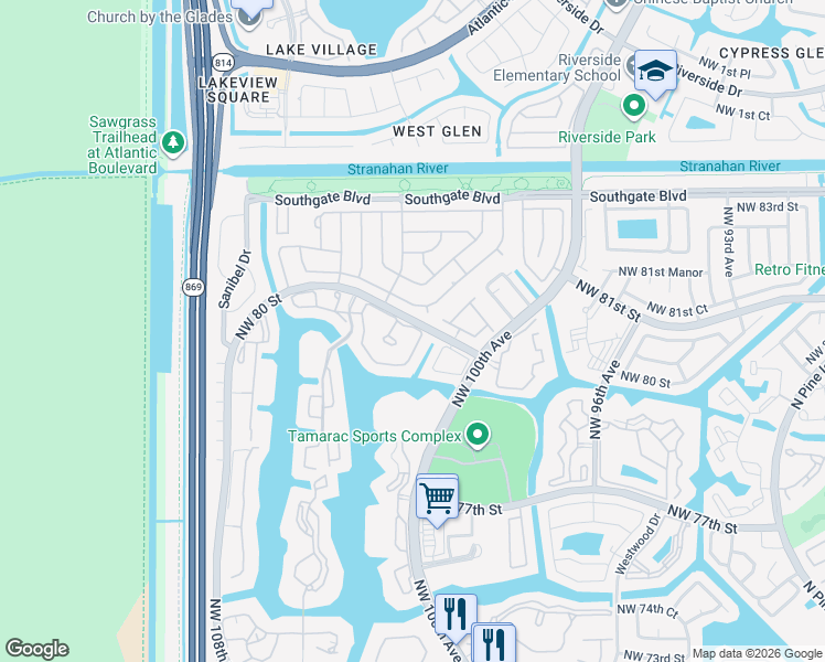 map of restaurants, bars, coffee shops, grocery stores, and more near 8002 Northwest 102nd Lane in Tamarac