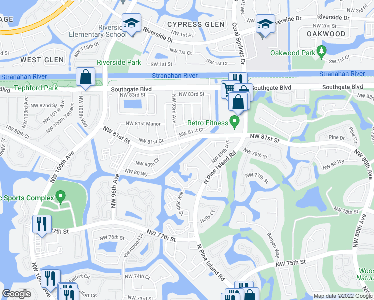 map of restaurants, bars, coffee shops, grocery stores, and more near 9208 Northwest 80th Street in Tamarac