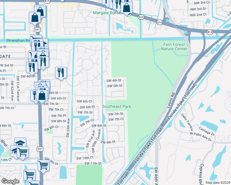 map of restaurants, bars, coffee shops, grocery stores, and more near 4984 Southwest 5th Street in Margate