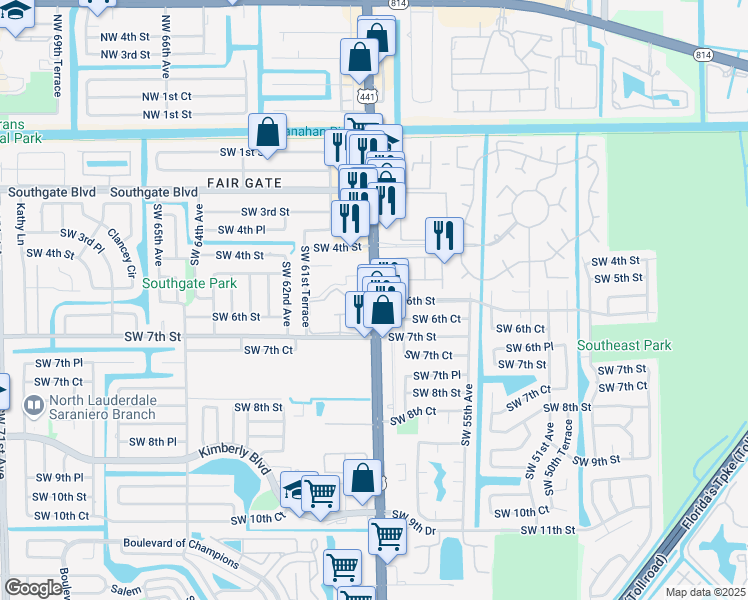 map of restaurants, bars, coffee shops, grocery stores, and more near 541 South State Road 7 in Margate