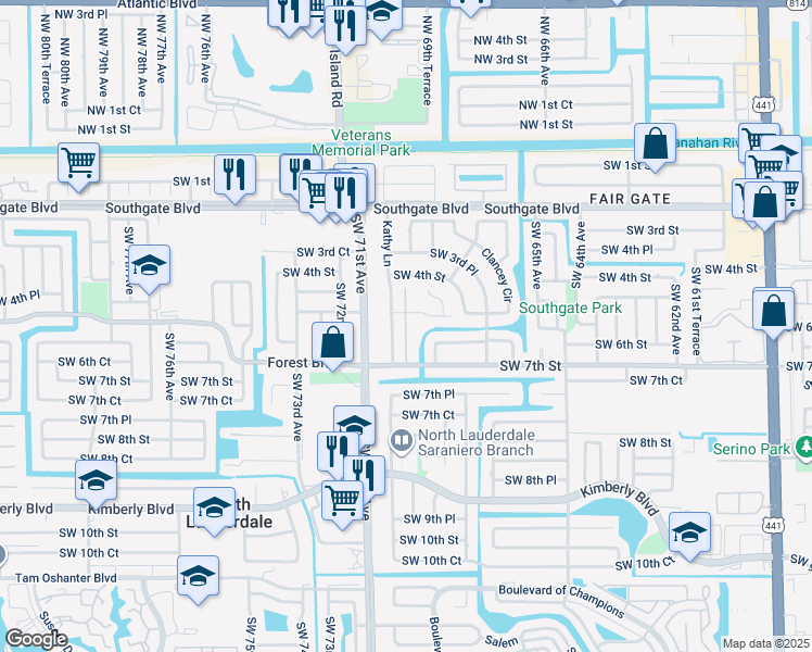 map of restaurants, bars, coffee shops, grocery stores, and more near 6891 Southwest 5th Street in Margate