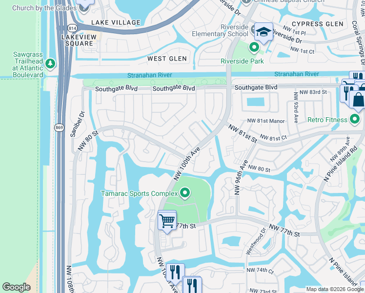 map of restaurants, bars, coffee shops, grocery stores, and more near 10245 Lombardy Drive in Tamarac