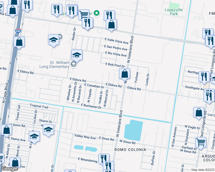 map of restaurants, bars, coffee shops, grocery stores, and more near 717 East Eldora Road in Pharr