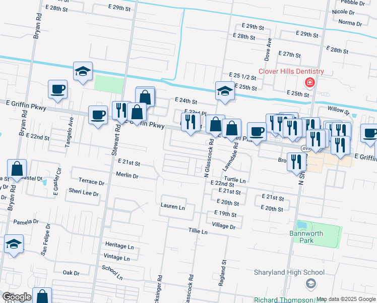 map of restaurants, bars, coffee shops, grocery stores, and more near 1913 Summer Breeze Road in Mission