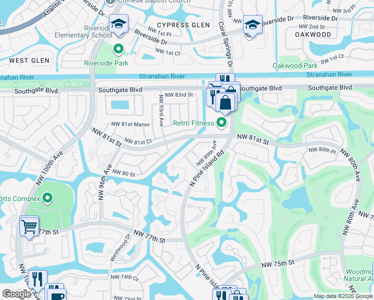 map of restaurants, bars, coffee shops, grocery stores, and more near 9200 Northwest 80th Street in Tamarac