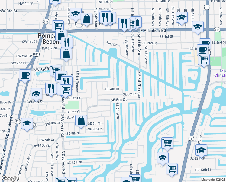 map of restaurants, bars, coffee shops, grocery stores, and more near 421 Southeast 5th Avenue in Pompano Beach