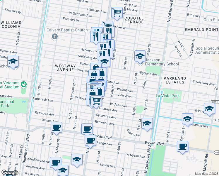 map of restaurants, bars, coffee shops, grocery stores, and more near 806 Walnut Avenue in McAllen