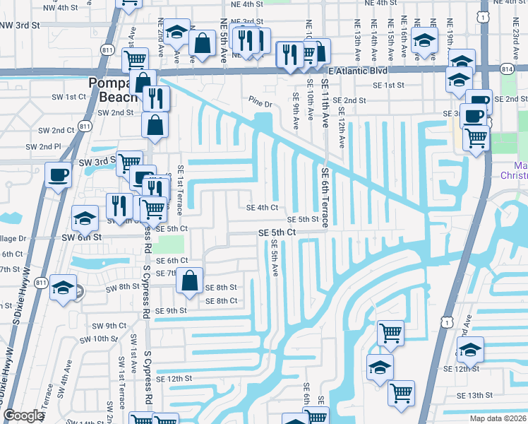 map of restaurants, bars, coffee shops, grocery stores, and more near 470 Southeast 4th Court in Pompano Beach
