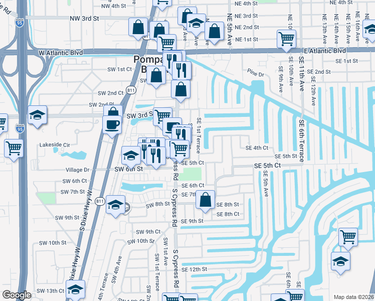 map of restaurants, bars, coffee shops, grocery stores, and more near 421 Southeast 1st Avenue in Pompano Beach