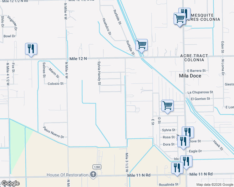 map of restaurants, bars, coffee shops, grocery stores, and more near 2306 George Washington Street in Weslaco