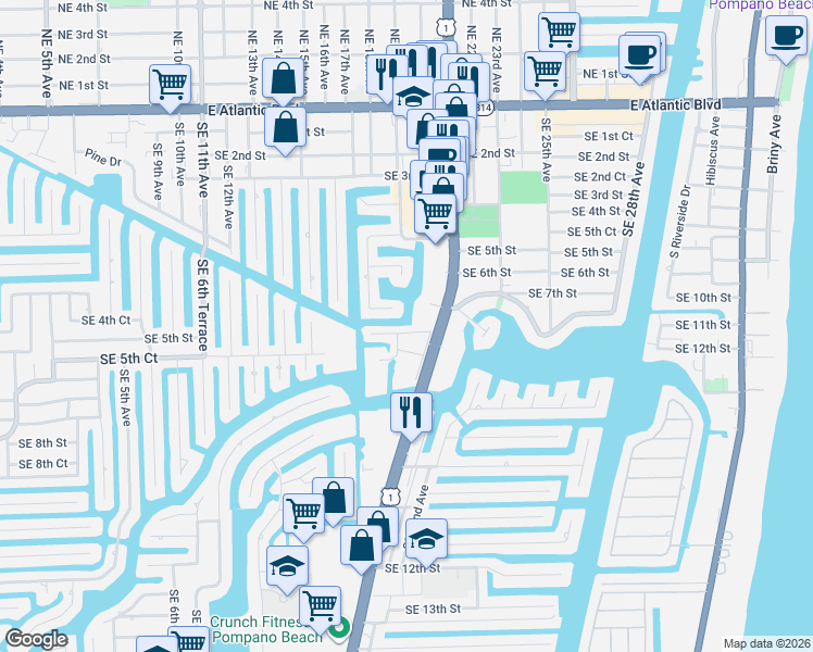 map of restaurants, bars, coffee shops, grocery stores, and more near 1860 Southeast 7th Street in Pompano Beach