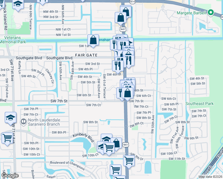 map of restaurants, bars, coffee shops, grocery stores, and more near 6161 Southwest 6th Street in Margate