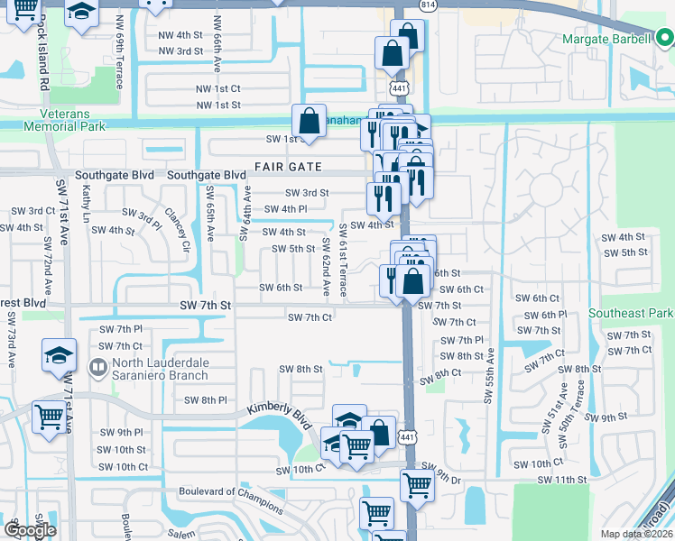 map of restaurants, bars, coffee shops, grocery stores, and more near 520 Southwest 62nd Avenue in Margate