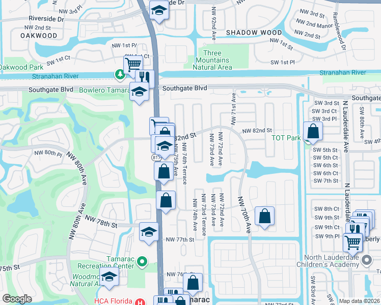 map of restaurants, bars, coffee shops, grocery stores, and more near 8111 Northwest 74th Avenue in Tamarac