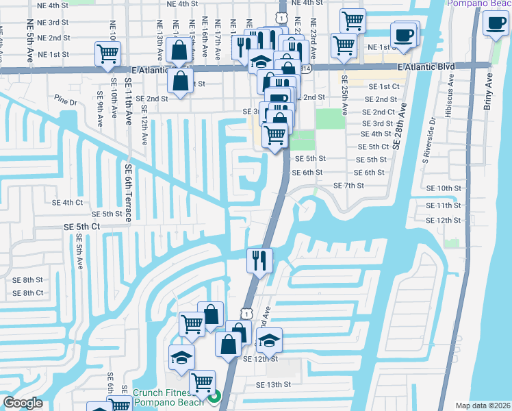 map of restaurants, bars, coffee shops, grocery stores, and more near 1860 Southeast 7th Street in Pompano Beach