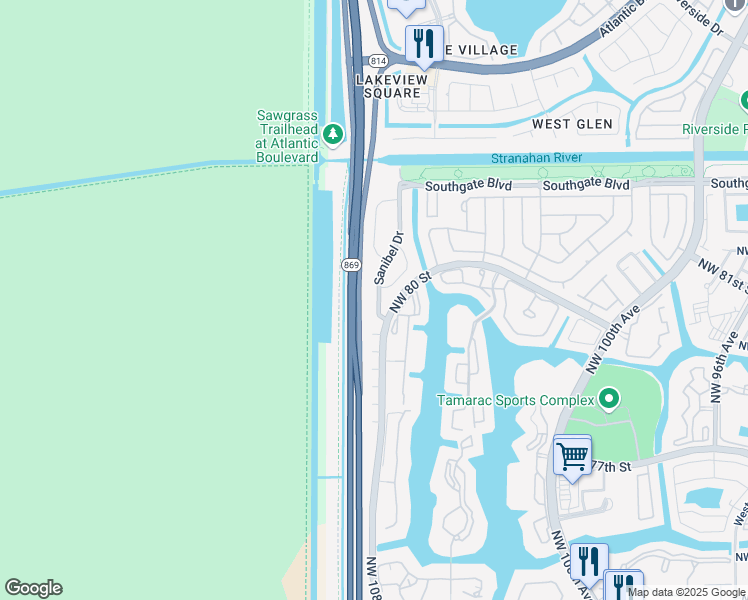 map of restaurants, bars, coffee shops, grocery stores, and more near 7729 Sanibel Drive in Tamarac