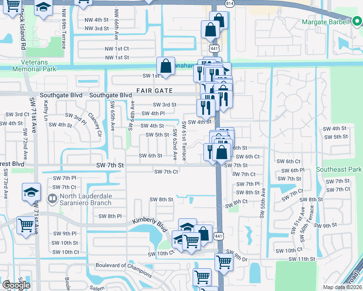 map of restaurants, bars, coffee shops, grocery stores, and more near 520 Southwest 62nd Avenue in Margate