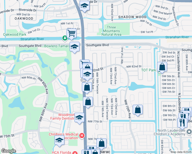 map of restaurants, bars, coffee shops, grocery stores, and more near 8113 Northwest 75th Avenue in Tamarac