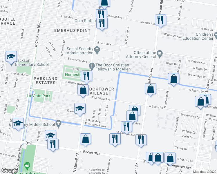 map of restaurants, bars, coffee shops, grocery stores, and more near 1013 East Westway Avenue in McAllen