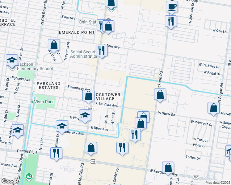 map of restaurants, bars, coffee shops, grocery stores, and more near 1013 East Westway Avenue in McAllen