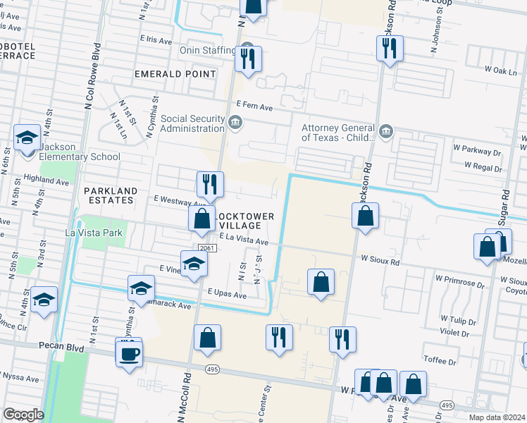 map of restaurants, bars, coffee shops, grocery stores, and more near 900 East Whitewing Avenue in McAllen