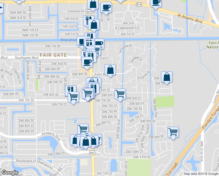 map of restaurants, bars, coffee shops, grocery stores, and more near 530 Princess Drive in Margate