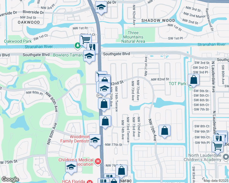map of restaurants, bars, coffee shops, grocery stores, and more near 8113 Northwest 75th Avenue in Tamarac
