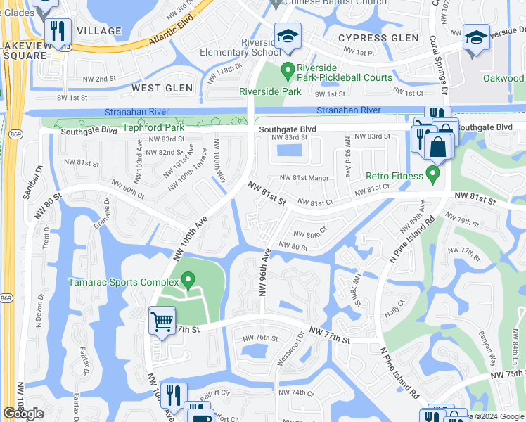 map of restaurants, bars, coffee shops, grocery stores, and more near 8040 Northwest 96th Terrace in Tamarac
