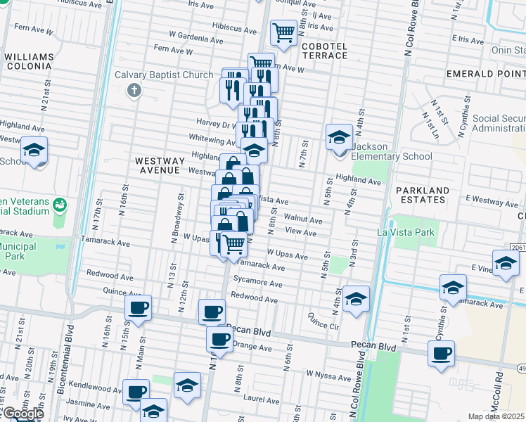 map of restaurants, bars, coffee shops, grocery stores, and more near 807 La Vista Avenue in McAllen