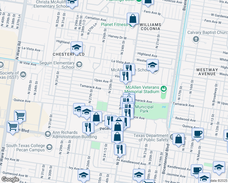 map of restaurants, bars, coffee shops, grocery stores, and more near 2416 Tamarack Avenue in McAllen