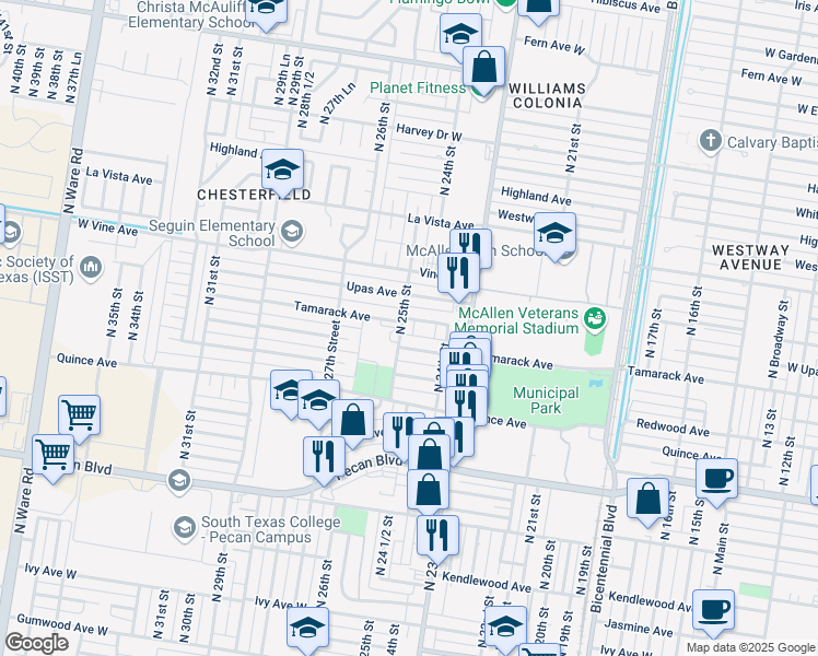 map of restaurants, bars, coffee shops, grocery stores, and more near 2416 Tamarack Avenue in McAllen
