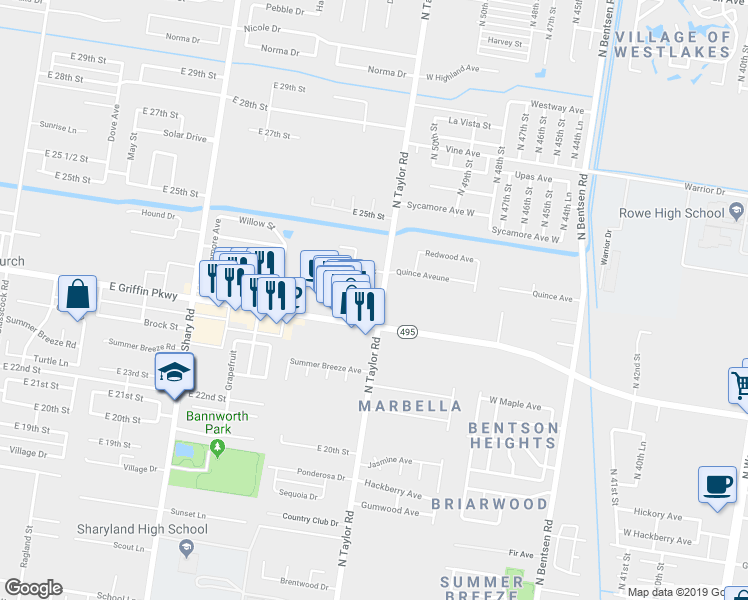 map of restaurants, bars, coffee shops, grocery stores, and more near 2815 Mimosa Street in Mission