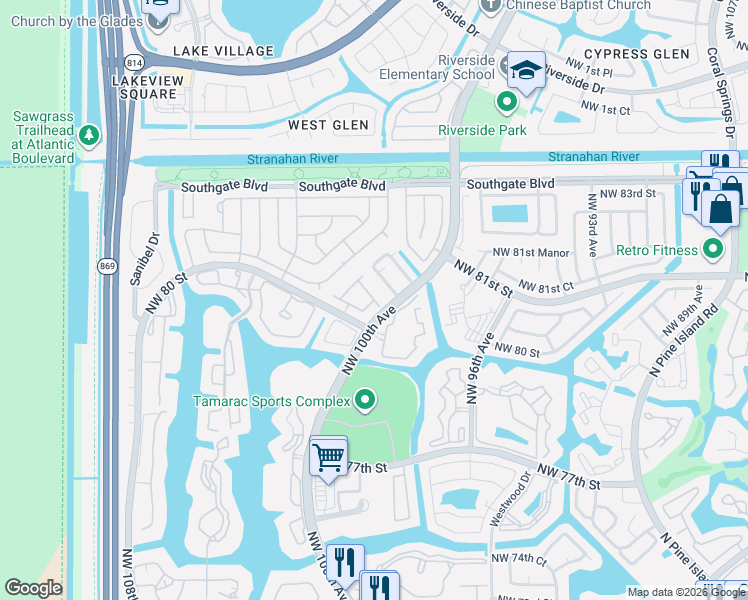 map of restaurants, bars, coffee shops, grocery stores, and more near 10017 South Nob Hill Circle in Tamarac