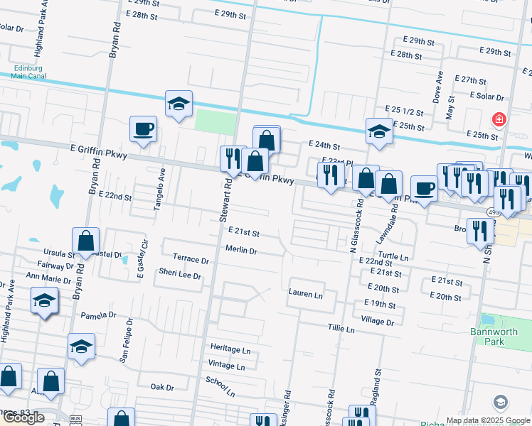 map of restaurants, bars, coffee shops, grocery stores, and more near 1709 Toni Lane in Mission
