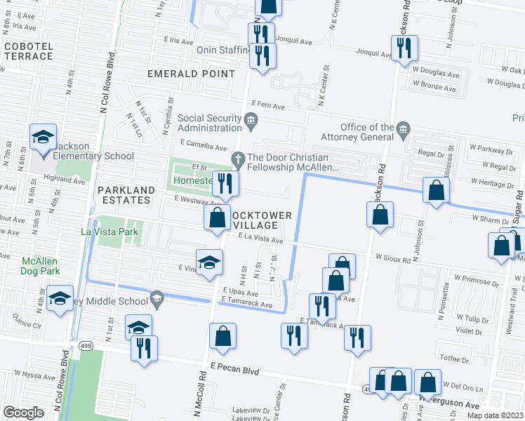 map of restaurants, bars, coffee shops, grocery stores, and more near 2501 North I Street in McAllen
