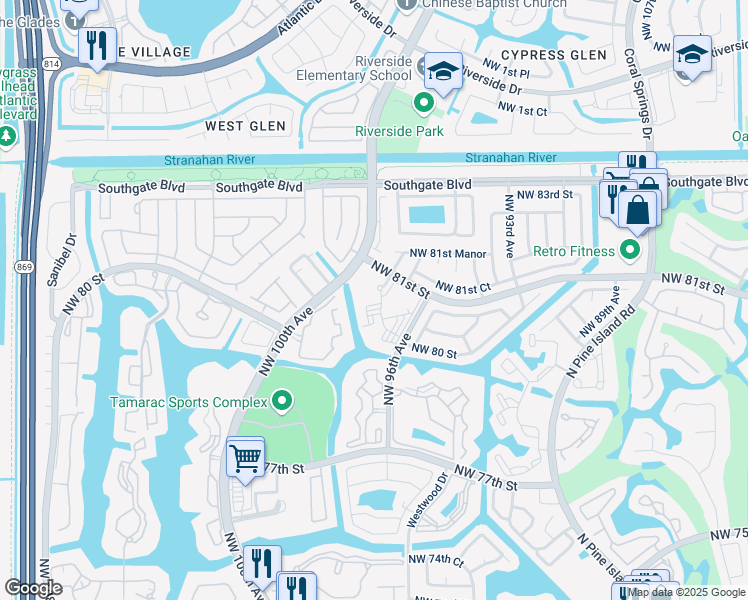 map of restaurants, bars, coffee shops, grocery stores, and more near 8040 Northwest 96th Terrace in Tamarac