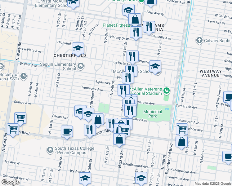 map of restaurants, bars, coffee shops, grocery stores, and more near 2416 Tamarack Avenue in McAllen
