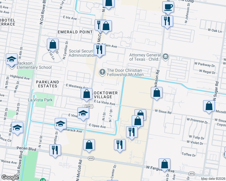 map of restaurants, bars, coffee shops, grocery stores, and more near 1013 East Westway Avenue in McAllen