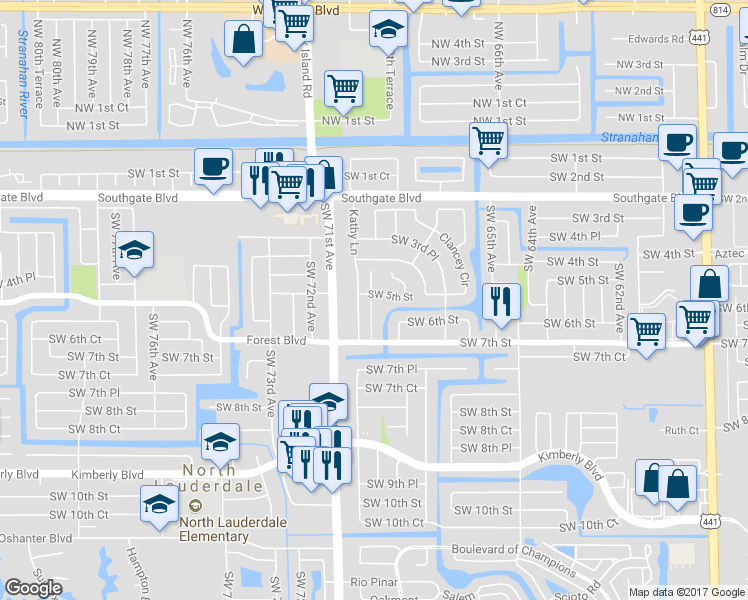 map of restaurants, bars, coffee shops, grocery stores, and more near 6891 Southwest 5th Street in Margate